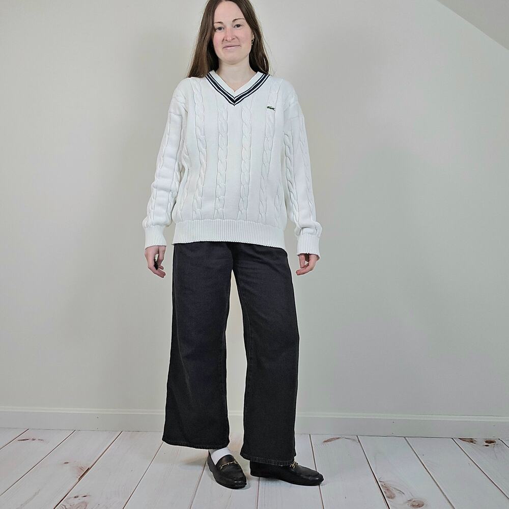 Vintage Y2K Lacoste Striped Chunky Sweater White Navy XL